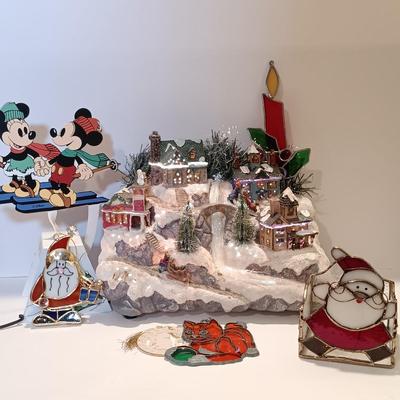 LOT 107B: Vintage Fiber Optic Christmas Village, Mickey and Minnie Ski Pendulum, Stained Glass Decor & Cat Ornaments