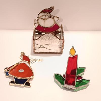 LOT 107B: Vintage Fiber Optic Christmas Village, Mickey and Minnie Ski Pendulum, Stained Glass Decor & Cat Ornaments