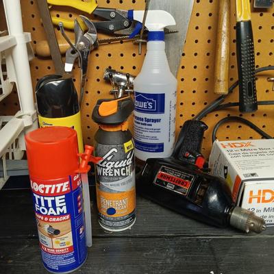 LOT 108B: Basement Finds- Craftsman 3/8" Corded Drill, Jorgensen Bar Clamps, Flood Lights & More