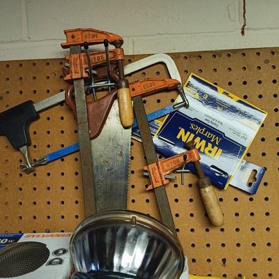 LOT 108B: Basement Finds- Craftsman 3/8" Corded Drill, Jorgensen Bar Clamps, Flood Lights & More