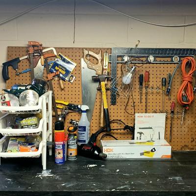 LOT 108B: Basement Finds- Craftsman 3/8" Corded Drill, Jorgensen Bar Clamps, Flood Lights & More