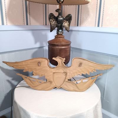 LOT 111L: MCM Sexton USA Gold-Tone Metal Eagle Plaque w/ Metal Eagle Lamp