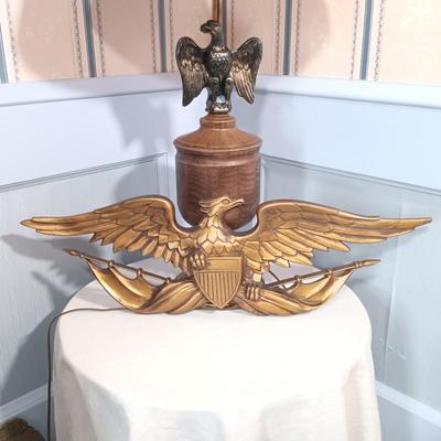 LOT 111L: MCM Sexton USA Gold-Tone Metal Eagle Plaque w/ Metal Eagle Lamp
