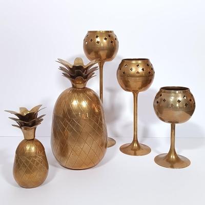 LOT 112L: MCM Brass Pineapple Jars with Set of (3) Brass Candle Holders