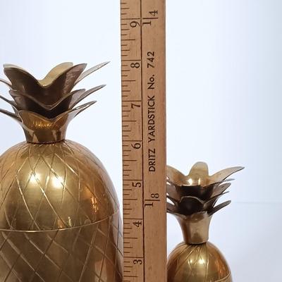 LOT 112L: MCM Brass Pineapple Jars with Set of (3) Brass Candle Holders