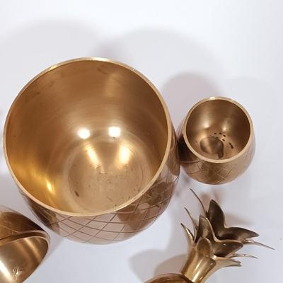 LOT 112L: MCM Brass Pineapple Jars with Set of (3) Brass Candle Holders