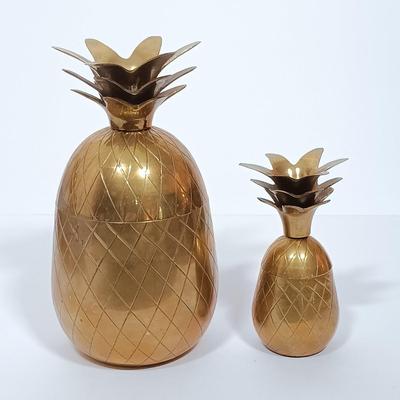 LOT 112L: MCM Brass Pineapple Jars with Set of (3) Brass Candle Holders