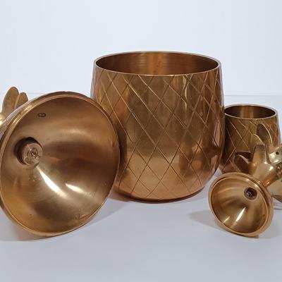 LOT 112L: MCM Brass Pineapple Jars with Set of (3) Brass Candle Holders