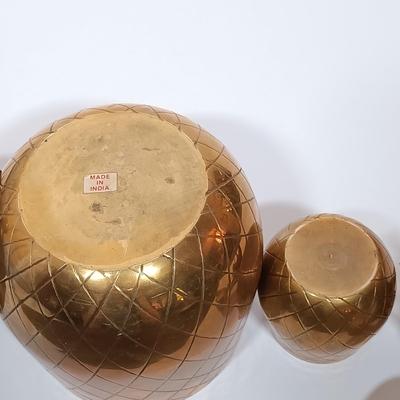LOT 112L: MCM Brass Pineapple Jars with Set of (3) Brass Candle Holders