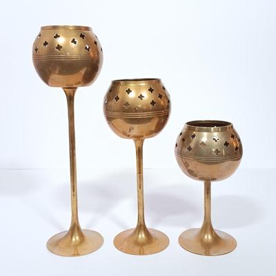 LOT 112L: MCM Brass Pineapple Jars with Set of (3) Brass Candle Holders