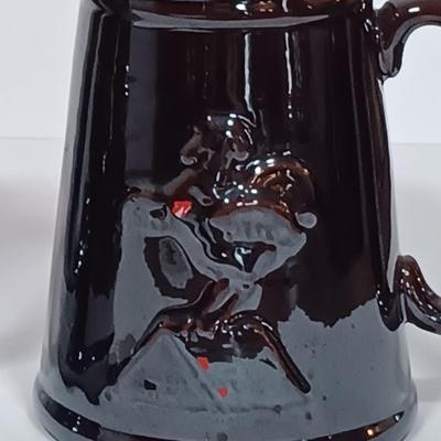 LOT 117L: Set of (2) Redware Rooster Pitchers w/ Pewter 'First PA Bank' Ashtray