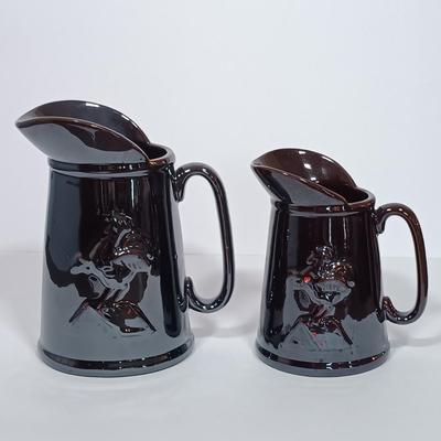 LOT 117L: Set of (2) Redware Rooster Pitchers w/ Pewter 'First PA Bank' Ashtray