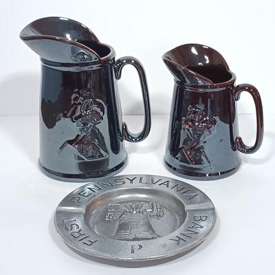 LOT 117L: Set of (2) Redware Rooster Pitchers w/ Pewter 'First PA Bank' Ashtray