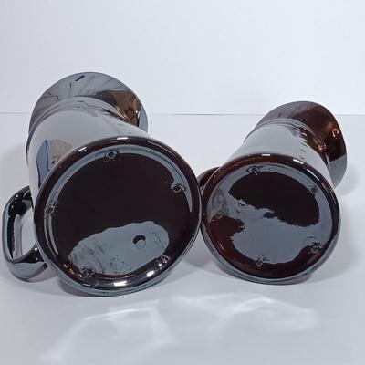 LOT 117L: Set of (2) Redware Rooster Pitchers w/ Pewter 'First PA Bank' Ashtray