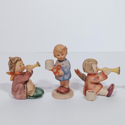 LOT 118L: Vintage Hummel Goebel Figurines Angel 'Joyous News' candle holder , 'Girl with Nosegay' candle holder &...