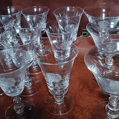LOT 121L: Fostoria Crystal Etched Rose Glassware