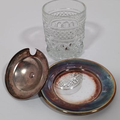 LOT 125L: Mayflower Pressed Glass Pitcher, Hazel Atlas Williamsport Punch Glasses, Plated Condiment Jar & More