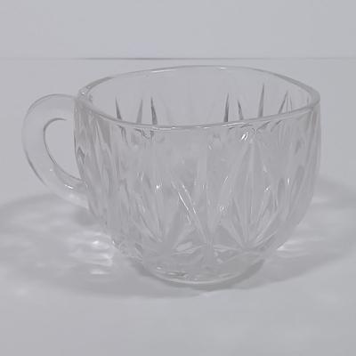 LOT 125L: Mayflower Pressed Glass Pitcher, Hazel Atlas Williamsport Punch Glasses, Plated Condiment Jar & More