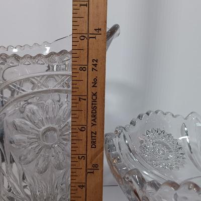 LOT 125L: Mayflower Pressed Glass Pitcher, Hazel Atlas Williamsport Punch Glasses, Plated Condiment Jar & More