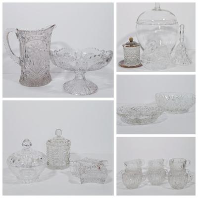 LOT 125L: Mayflower Pressed Glass Pitcher, Hazel Atlas Williamsport Punch Glasses, Plated Condiment Jar & More