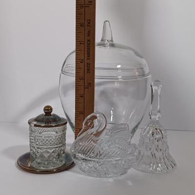 LOT 125L: Mayflower Pressed Glass Pitcher, Hazel Atlas Williamsport Punch Glasses, Plated Condiment Jar & More