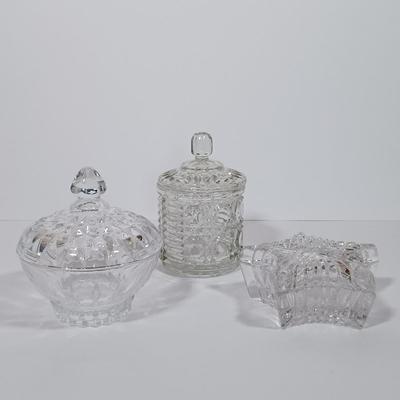 LOT 125L: Mayflower Pressed Glass Pitcher, Hazel Atlas Williamsport Punch Glasses, Plated Condiment Jar & More