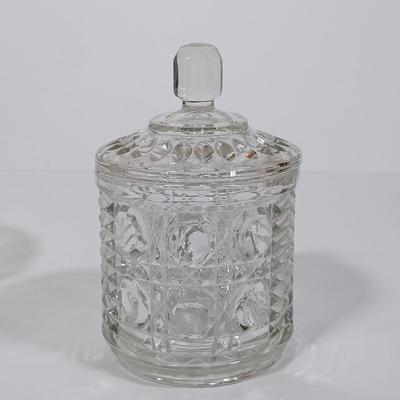 LOT 125L: Mayflower Pressed Glass Pitcher, Hazel Atlas Williamsport Punch Glasses, Plated Condiment Jar & More