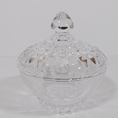 LOT 125L: Mayflower Pressed Glass Pitcher, Hazel Atlas Williamsport Punch Glasses, Plated Condiment Jar & More