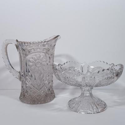 LOT 125L: Mayflower Pressed Glass Pitcher, Hazel Atlas Williamsport Punch Glasses, Plated Condiment Jar & More