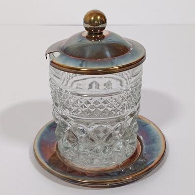 LOT 125L: Mayflower Pressed Glass Pitcher, Hazel Atlas Williamsport Punch Glasses, Plated Condiment Jar & More