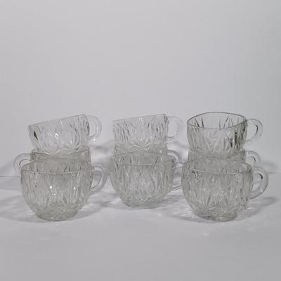 LOT 125L: Mayflower Pressed Glass Pitcher, Hazel Atlas Williamsport Punch Glasses, Plated Condiment Jar & More