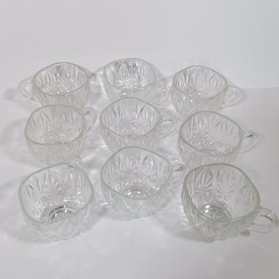 LOT 125L: Mayflower Pressed Glass Pitcher, Hazel Atlas Williamsport Punch Glasses, Plated Condiment Jar & More