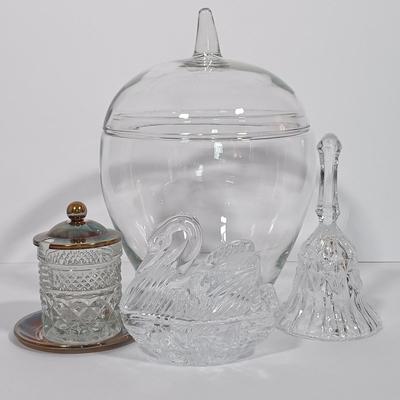 LOT 125L: Mayflower Pressed Glass Pitcher, Hazel Atlas Williamsport Punch Glasses, Plated Condiment Jar & More