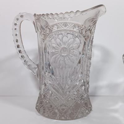 LOT 125L: Mayflower Pressed Glass Pitcher, Hazel Atlas Williamsport Punch Glasses, Plated Condiment Jar & More