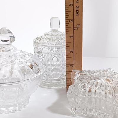 LOT 125L: Mayflower Pressed Glass Pitcher, Hazel Atlas Williamsport Punch Glasses, Plated Condiment Jar & More