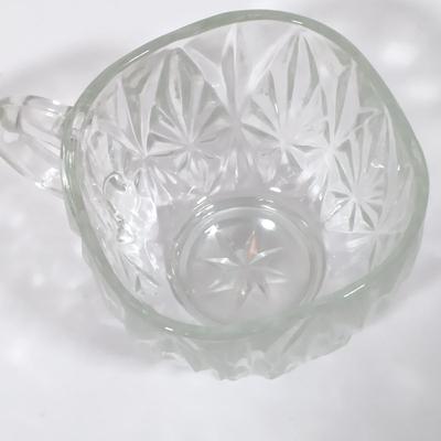 LOT 125L: Mayflower Pressed Glass Pitcher, Hazel Atlas Williamsport Punch Glasses, Plated Condiment Jar & More