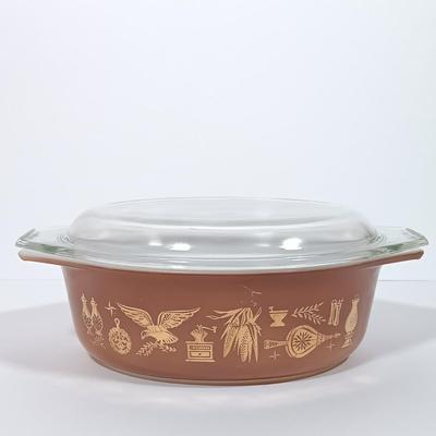 LOT 126L: Pyrex Early American Covered Casserole Dish, Corningware Cornflower Blue Casserole Dishes & More