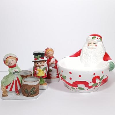 LOT 131L: Vintage World Bazaar Ceramic Santa Bowl with (3) Jasco Candle Holders