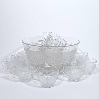LOT 133L: Vintage Sandwich Glass Punch Bowl & Cups