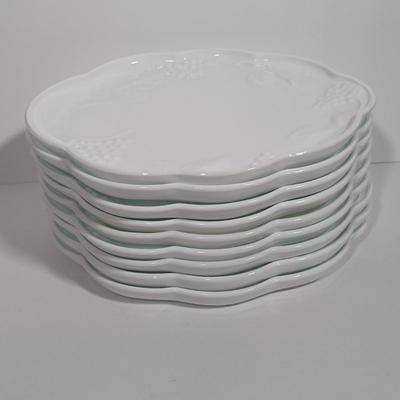LOT 134L: MCM Indiana Colony Milk Glass Grape Patterned Snack / Luncheon Sets