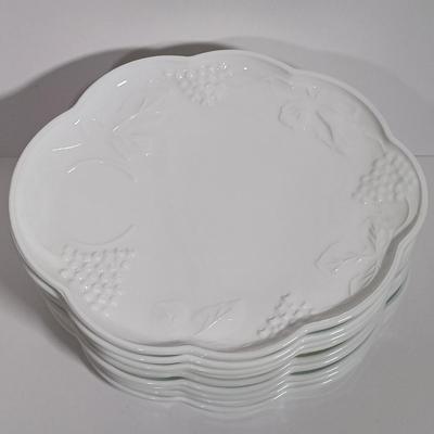 LOT 134L: MCM Indiana Colony Milk Glass Grape Patterned Snack / Luncheon Sets