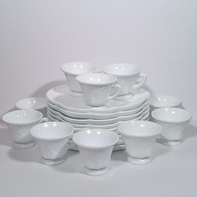 LOT 134L: MCM Indiana Colony Milk Glass Grape Patterned Snack / Luncheon Sets