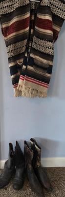 LOT 618: Vintage Blanket Vest, Neolite Boots with Detailed Decoration, & Unknown Brand Black Boots