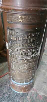 Antique Columbia Defense Fire Corp fire extinguisher 24" tall Copper and Brass