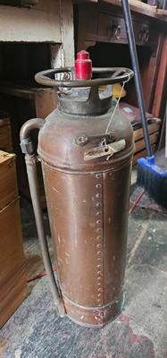 Antique Columbia Defense Fire Corp fire extinguisher 24" tall Copper and Brass