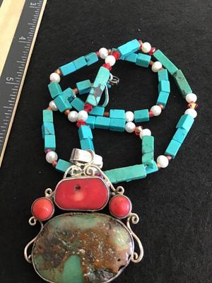 Coral Turquoise 925 Vintage Necklace