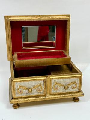 Florrentine - style musical jewelry box gold gilt with red velvet interior