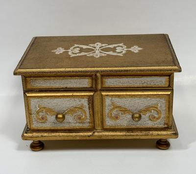 Florrentine - style musical jewelry box gold gilt with red velvet interior