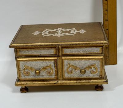 Florrentine - style musical jewelry box gold gilt with red velvet interior