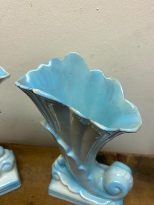 Vintage pair blue cornucopia vases